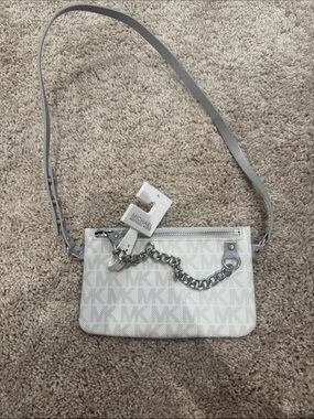 Michael Kors White Logo-Print Crossbody with Silver Chain Trim
